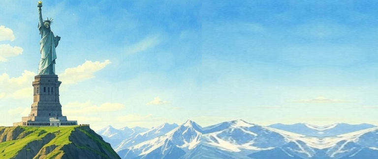 La Statue de la Liberté sur une crête montagneuse. Image générée par Grok (IA).