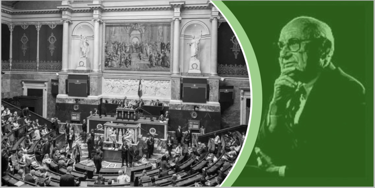 l'Assemblée nationale (photo AFP) et l'économiste libéral américain Milton Friedman